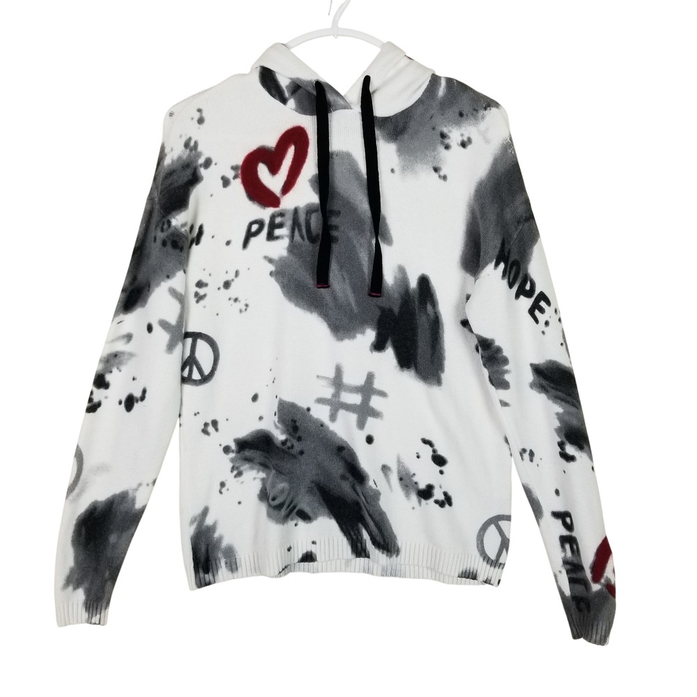 Charlie B Hoodie Womens Small White Graffiti Peace Hope Heart Knit C2436-736A